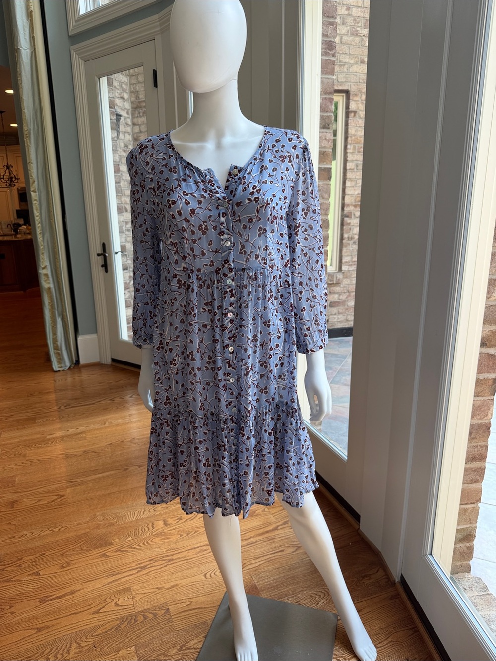 Seraphine Light Blue Floral Long-Sleeve Tiered Button Dress